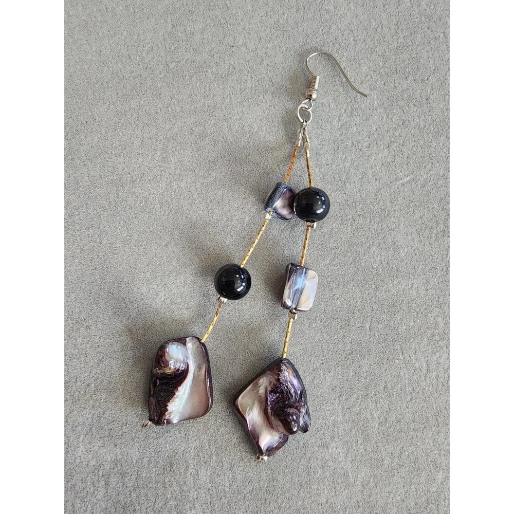 Abalone Shell Natural Chunk Dangle Earrings Mixed Metal Gold & Silver Tones
